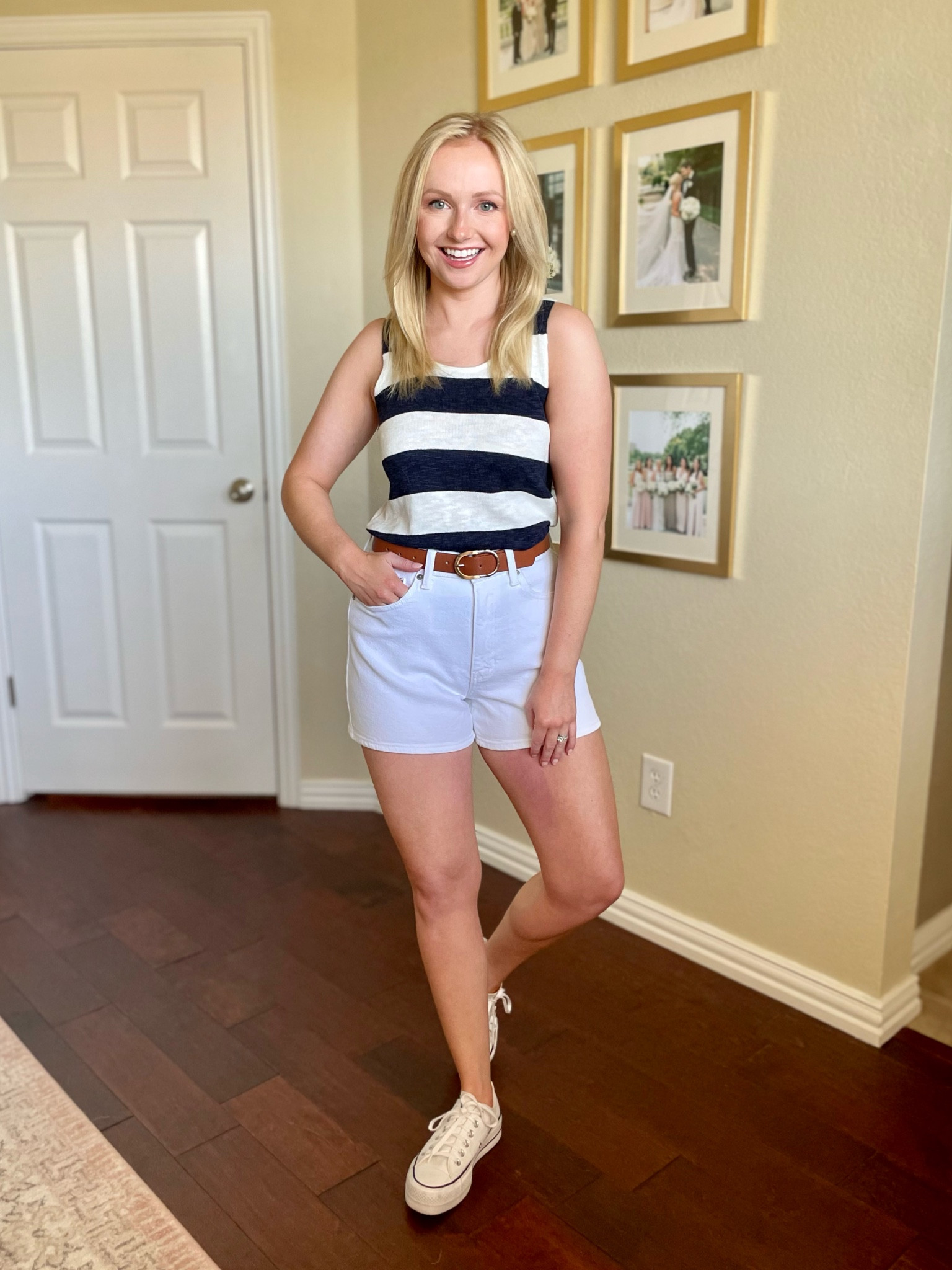 Wearing a S/M in top and S in shorts | white shorts, denim shorts, striped tank, navy and white, summer outfit, coastal style 

#LTKstyletip #LTKSeasonal #LTKFind