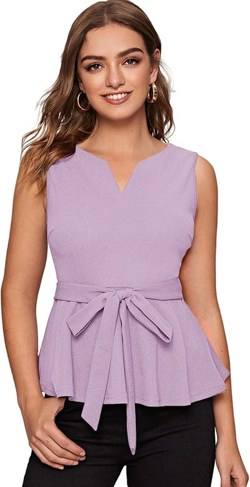 Verdusa Women's Elegant Sleeveless Notch Neck Peplum Blouse Belted Top | Amazon (US)