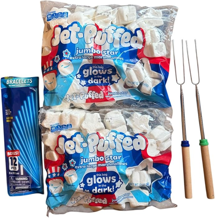 Color changing Bag Jett puffed Jumbo Stars marshmallows (2 bags), glow in the dark braclet or nec... | Amazon (US)