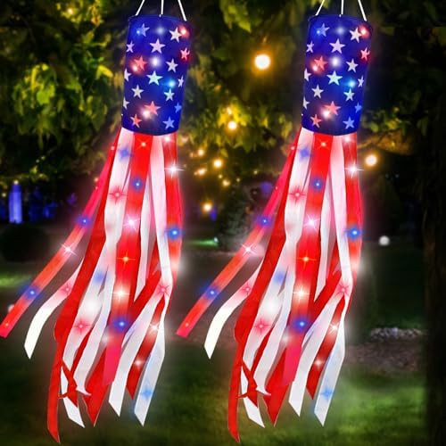 250th Anniversary USA, 2 Pack 40 Inch American Flag Windsock with Lights Red White Blue Star Stri... | Amazon (US)