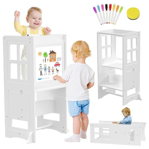 4 in 1 Toddler Kitchen Stool Helper Tower, Adjustable-Height Toddler Step Stool with Double-Sided Whiteboard, Anti-Slip Protection, Kids Learning Standing Tower for Kitchen Counter Bathroom Sink | Amazon (US)