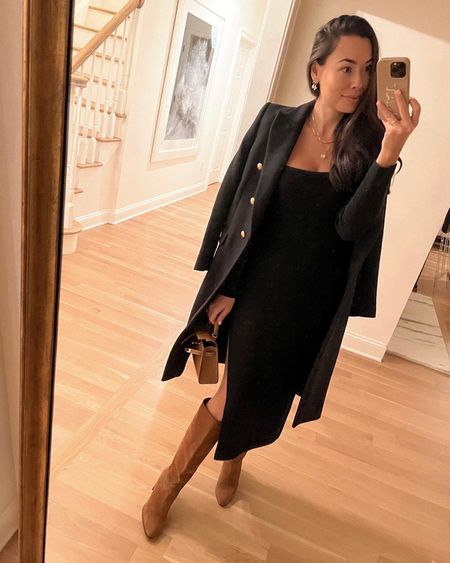 Kat Jamieson wears a The Sei sweater dress (similar below), Sergio Rossi boots (old, similar below) and a black coat. Holiday style, cocktail party, date night, winter outfit. 

#LTKshoecrush #LTKSeasonal #LTKHoliday