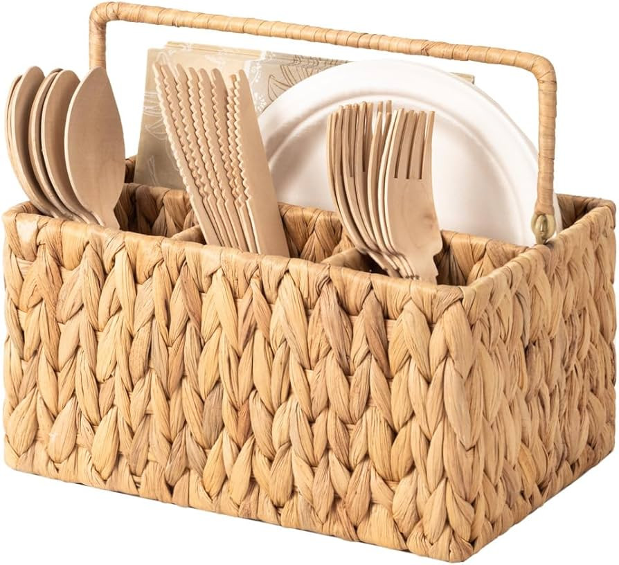 StorageWorks Hand-Woven Wicker Silverware Organizer - Water Hyacinth Cutlery Holder for Counterto... | Amazon (US)