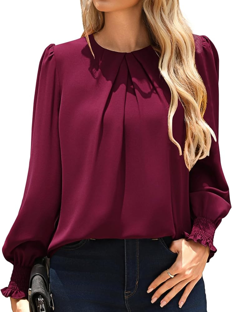 Kate Kasin Womens Dressy Business Casual Tops, Pleated Long Sleeve Shirts, Office Work Chiffon Bl... | Amazon (US)