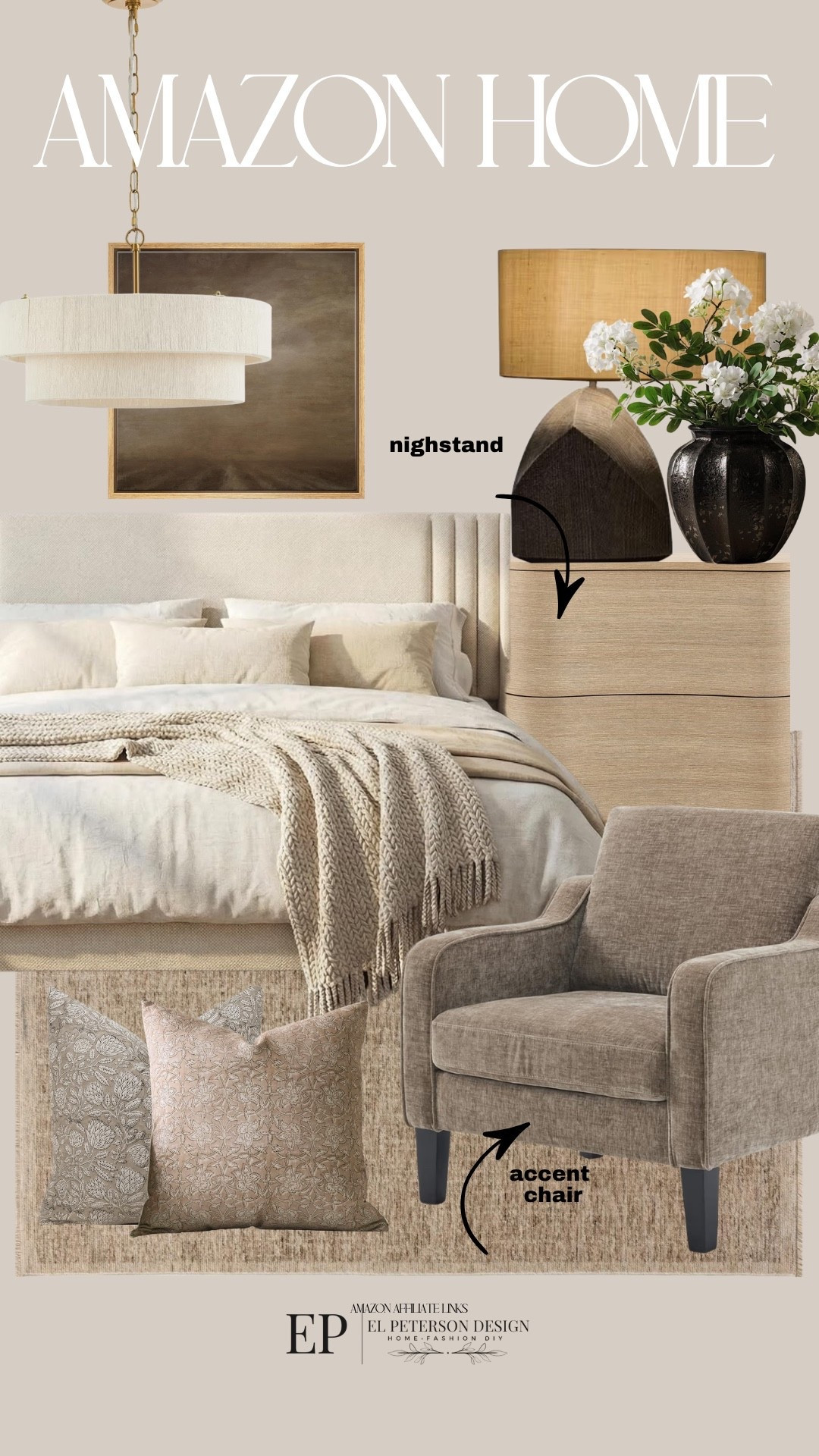 Amazon
Upholstered bed
Nighstand
Accent chair
Pillows
Artwork
Pendant light
Table lamp
Vase

#LTKHome