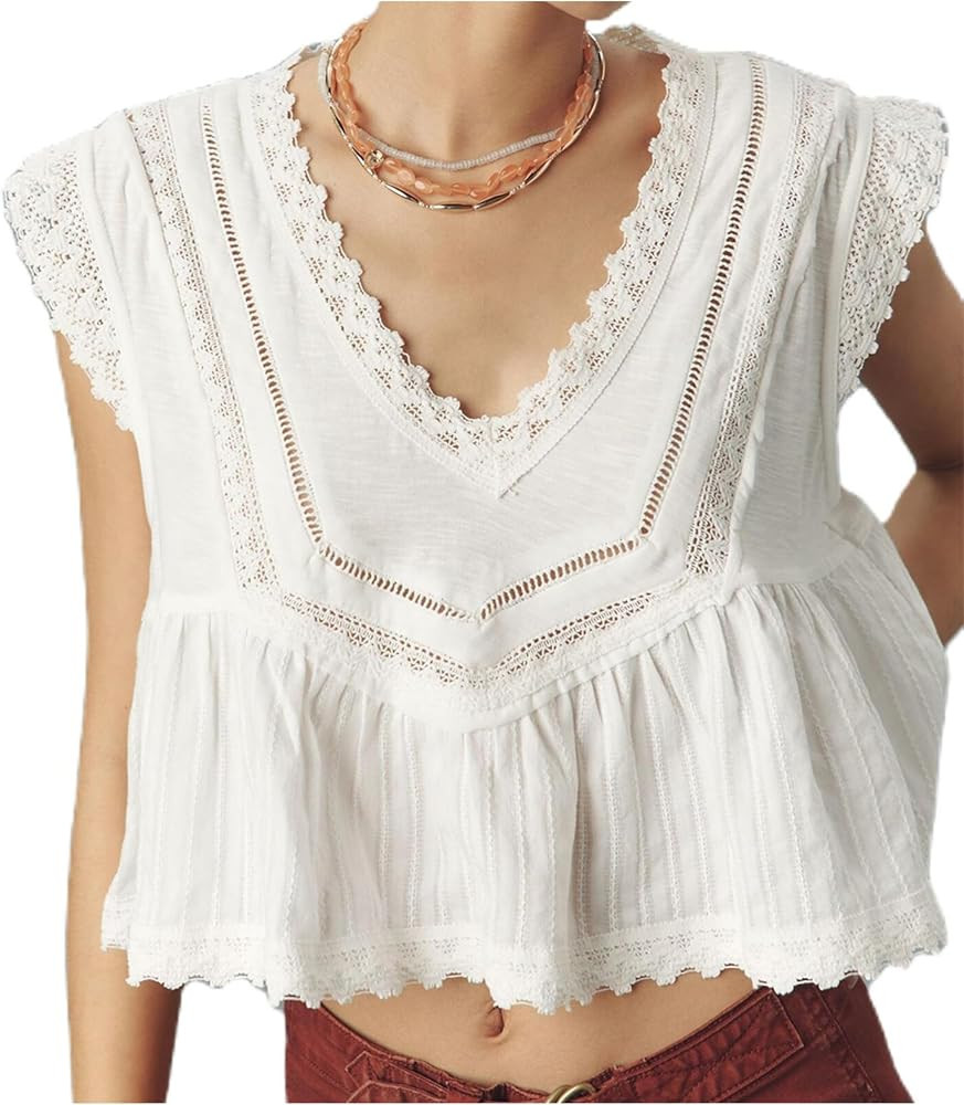 Women\u2019s Lace Peplum Top V Neck Floral Embroidered Blouse Babydoll Sleeveless Shirt Summer Go... | Amazon (US)