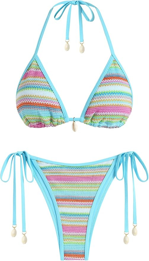 ZAFUL Women's Colorblock Stripes Triangle Halter Tied Cheeky Thong Bikini Set High Cut Two Piece ... | Amazon (US)
