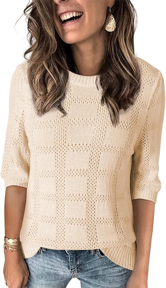 Dokotoo Women's Casual Short Sleeve Loose Tunic Tops Lightweight Crochet Knit Summer Sweaters Blo... | Amazon (US)