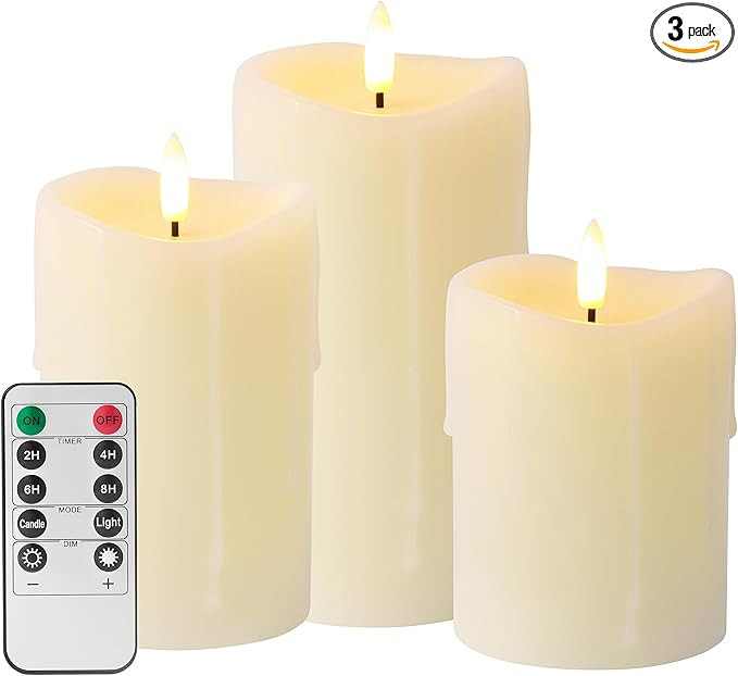 Ivory Flameless Candles with Remote and Timer, Real Wax Made Wax Drip LED Pillar Candles Battery ... | Amazon (US)