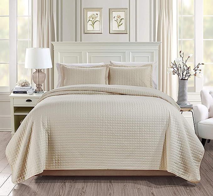 Chezmoi Collection 3-Piece Solid Modern Quilted Bedspread Coverlet Set (Queen, Ivory) | Amazon (US)