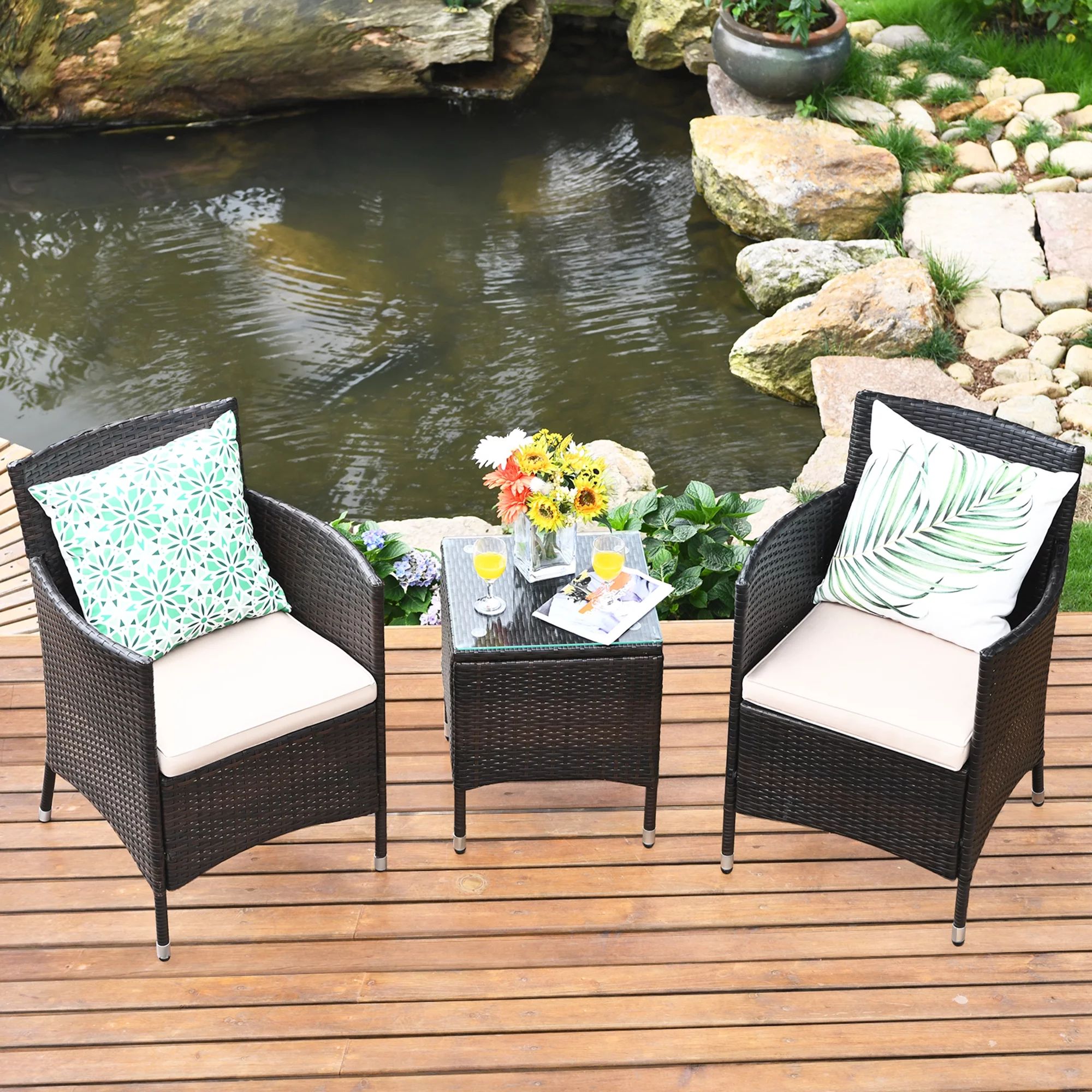 Gymax 3 Pieces Patio Outdoor Rattan Furniture Set Cushioned Chairs Coffee Table - Walmart.com | Walmart (US)