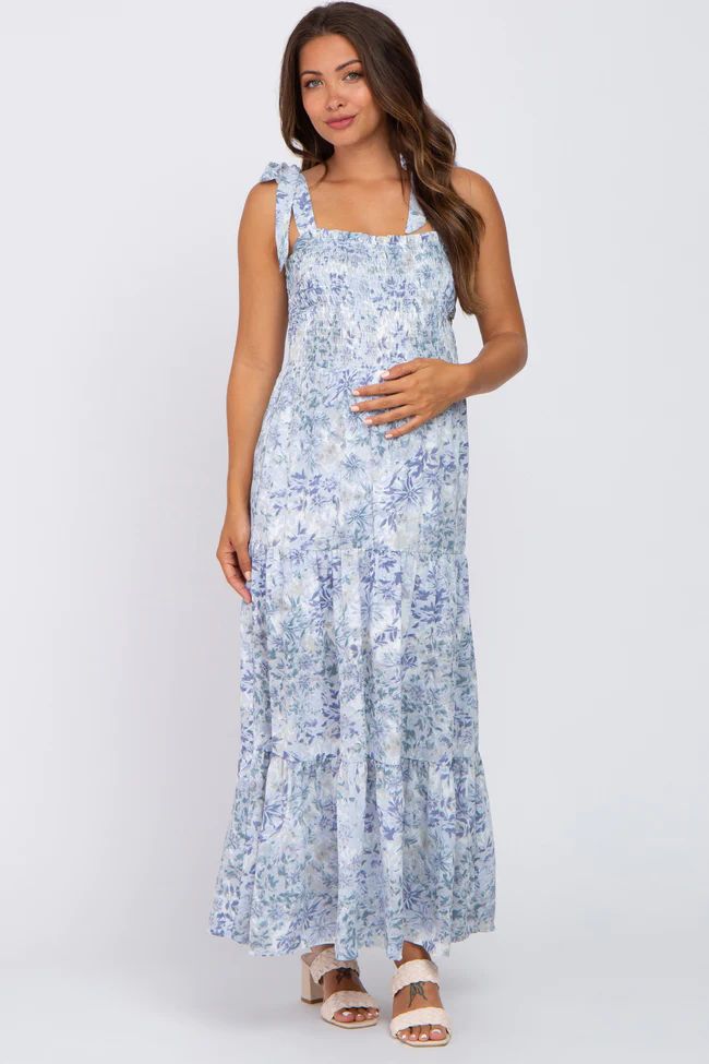 Blue Floral Smocked Tiered Maternity Maxi Dress | PinkBlush Maternity