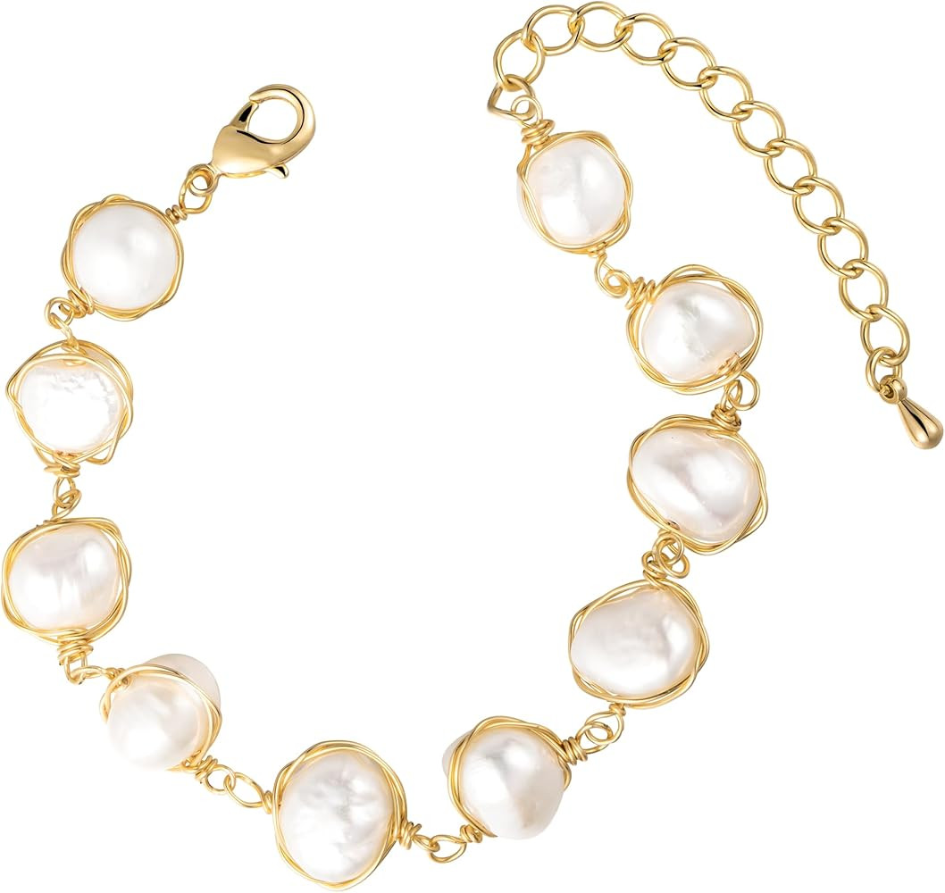 Pearl Bracelet Baroque Cultured Pearl Link, 14K Gold Plated Beaded Link Chain Charm Bracelets for... | Amazon (US)