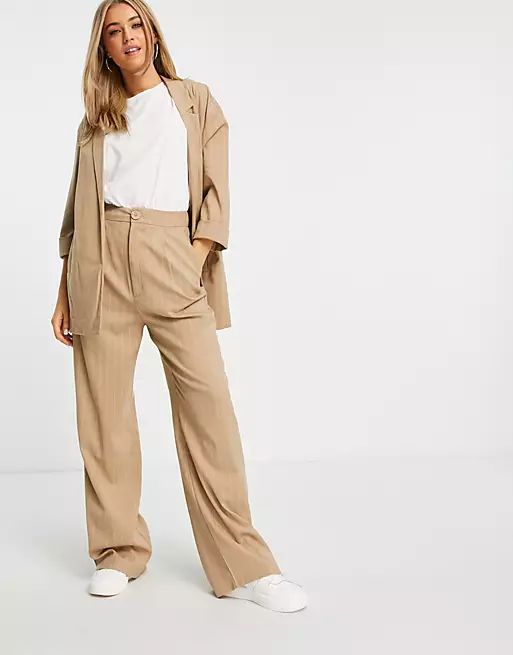 Stradivarius wide leg relaxed dad trousers co-ord in beige pinstripe | ASOS (Global)
