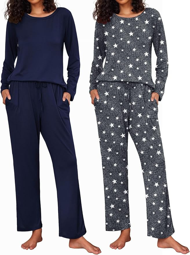 Ekouaer 2 Pack Womens Pajama Sets Long Sleeve Pjs Lounge Set Soft Comfy Sleepwear Winter Loungewe... | Amazon (US)