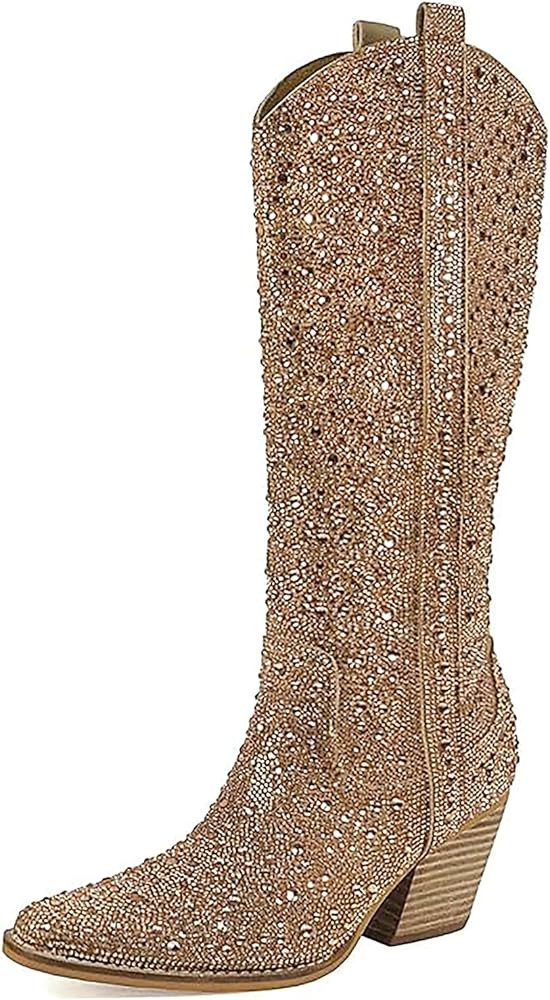 MUCCCUTE Women's Rhinestone Mid Calf Boots Sparkly Block Heel Cowboy Boots Glitter Boots | Amazon (US)