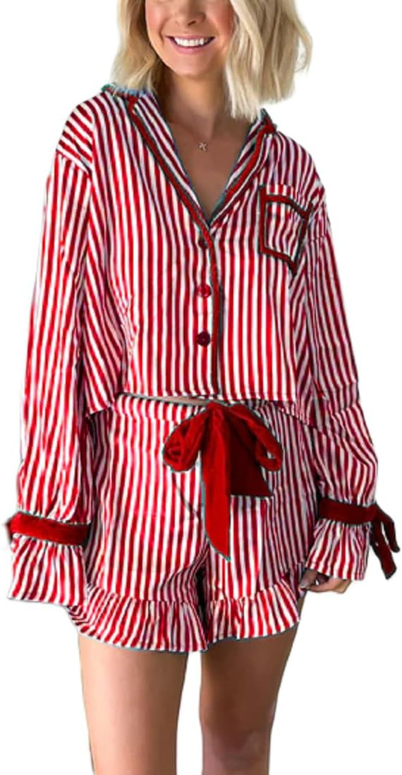 Women Christmas 2 Piece Pajamas Set Y2k Bow Tie Long Sleeve Shirt Wide Leg Pants Cute Print Match... | Amazon (US)