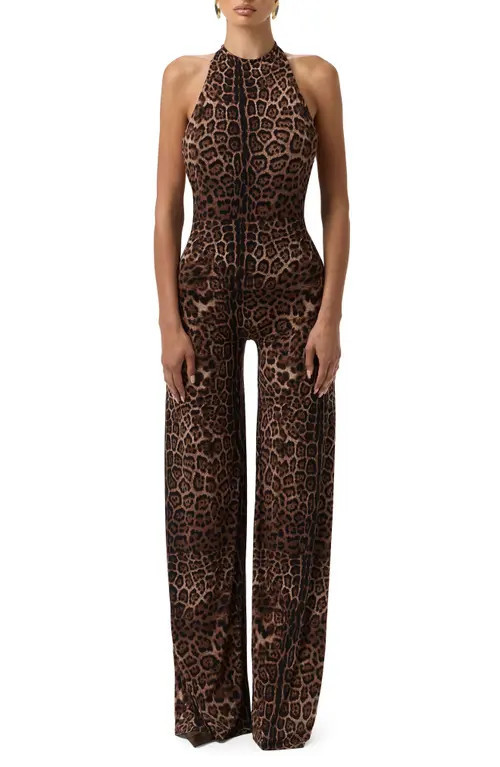 Naked Wardrobe Leopard Print Wide Leg Halter Jumpsuit in Brown Leopard at Nordstrom, Size X-Small | Nordstrom