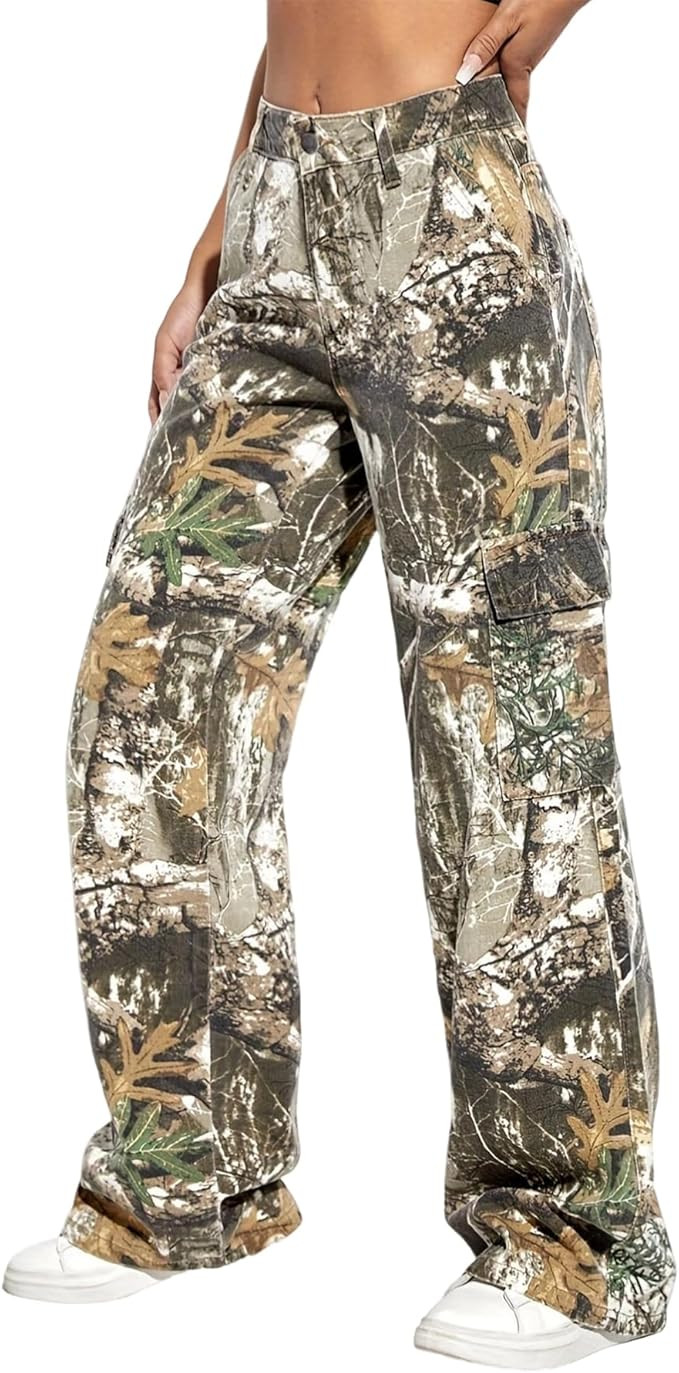 Voghtic Womens High Waisted Straight Leg Casual Y2K Camoflage Cargo Wide Leg Sweatpant Jeans Trou... | Amazon (US)