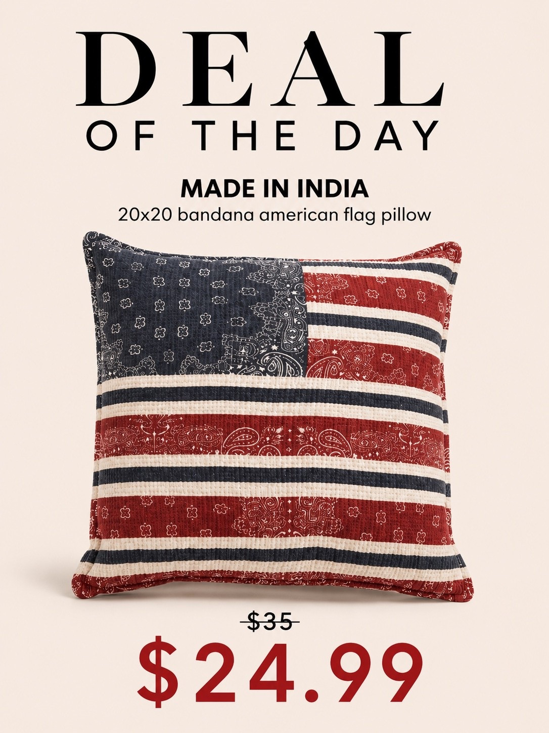 Bandana American Flag Pillow

This pillow is such a fun take on Americana decor without feeling overly themed. I love the vintage bandana-inspired pattern mixed with the muted tones — perfect for summer styling, porch seating, or layering into a cozy neutral space.

#LTKSeasonal #LTKHome #LTKSaleAlert