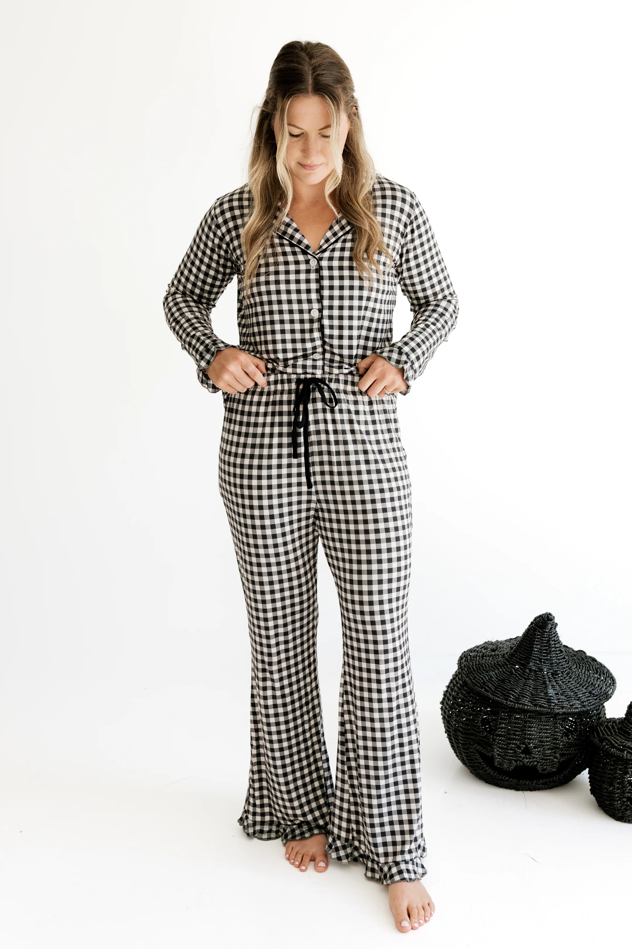Black and Cream Gingham Women's Long Sleeve Ruffle Set | Matching Family Pajamas | In My Jammer | In My Jammers