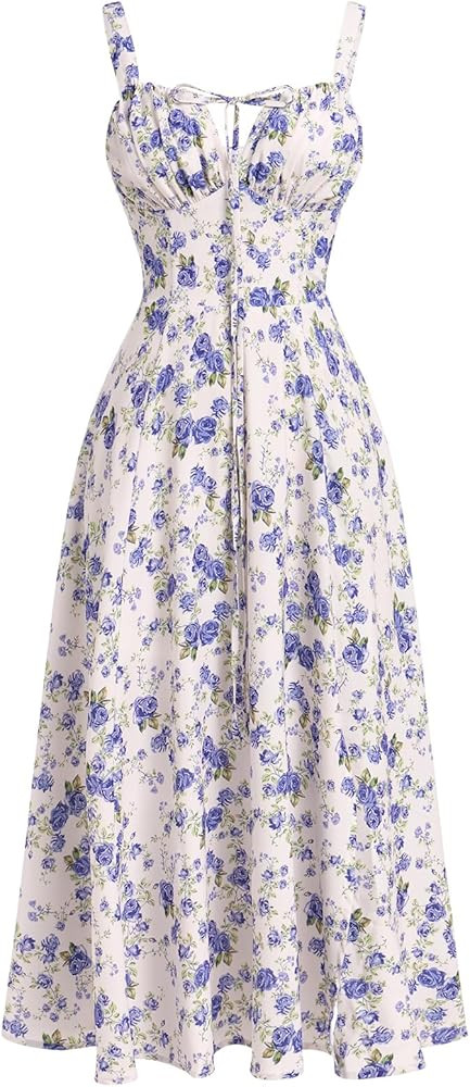 Women Floral Corset Dress, Boho Summer Spaghetti Straps Square Neck Casual Midi Dress Flowy Slit ... | Amazon (US)