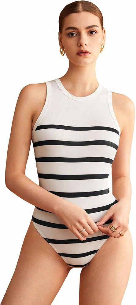 Milumia Women's Striped Crew Neck Tank Top Sleeveless Bodysuit Form Fitting Tops | Amazon (US)