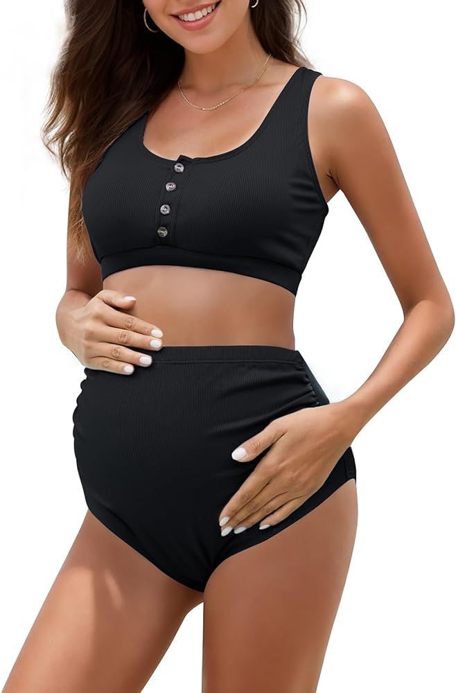 Zando High Waist Maternity Swimsuit Two Piece Pregnancy Swimwear Bikini Bathing Suits for Women M... | Amazon (US)
