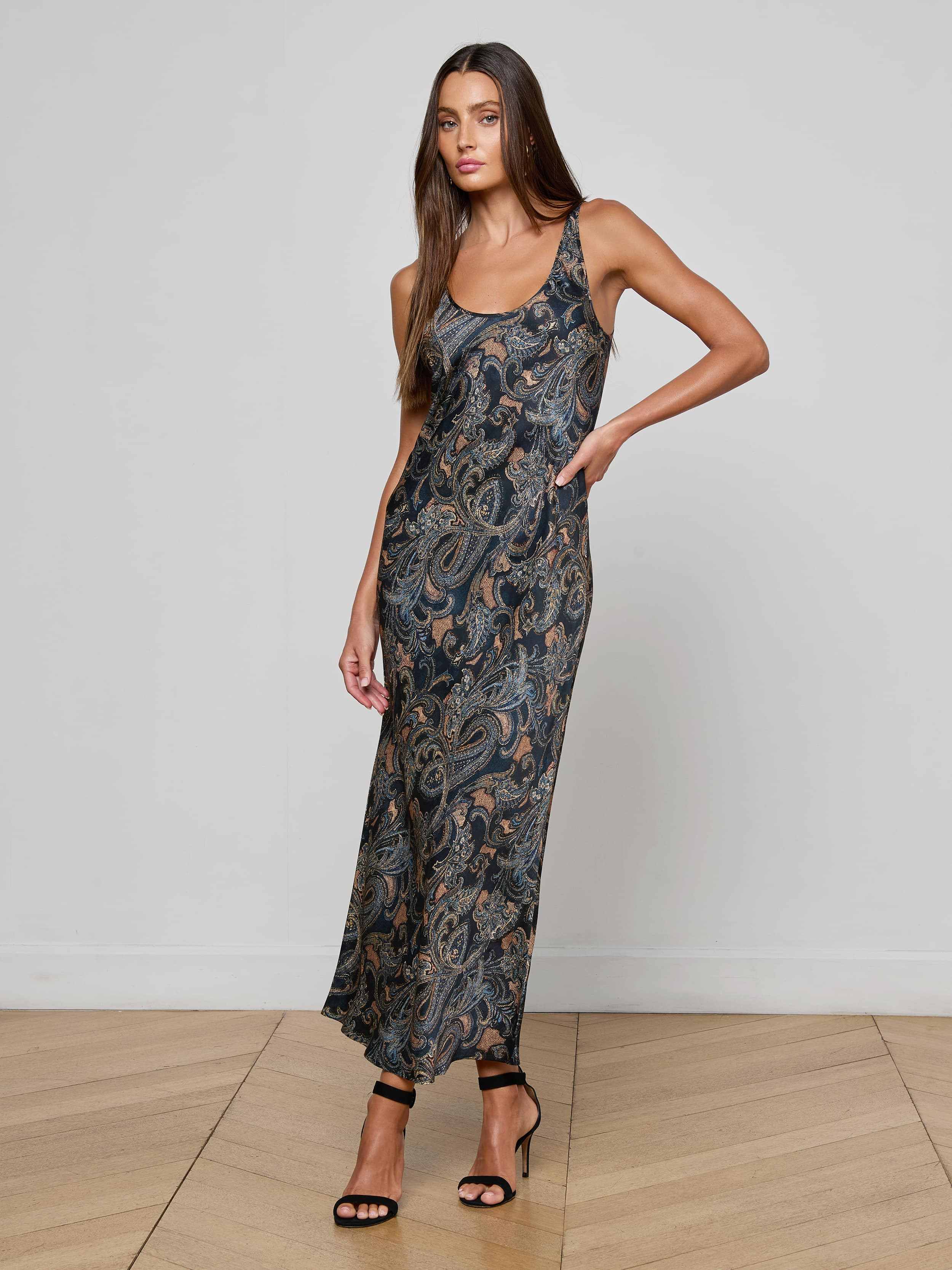Akiya Satin Maxi Dress in Midnight Multi Etched Paisley | L'AGENCE | L'Agence