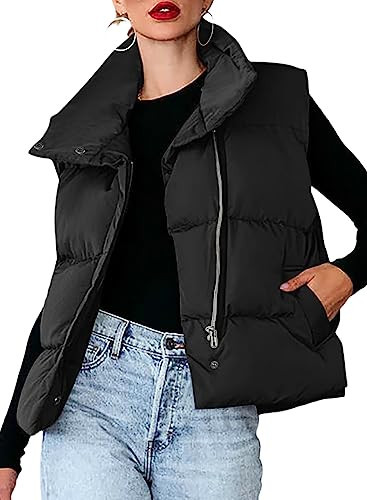 Dokotoo Womens Oversized Black Puffer Vest Lightweight Warm Stand Collar Crop Casual Zip Padded Vest Sleeveless Outerwear Jacket Winter Coats for Women Quilted Vest with Pockets XL | Amazon (US)