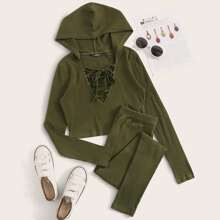Solid Lace Up Rib-knit Hooded Tee & Pants Set | SHEIN