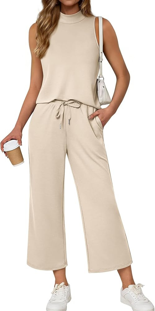 ATHMILE Two Piece Sets for Women Spring Summer Travel Airport Vacation Outfits Lounge V Neck Tops... | Amazon (US)