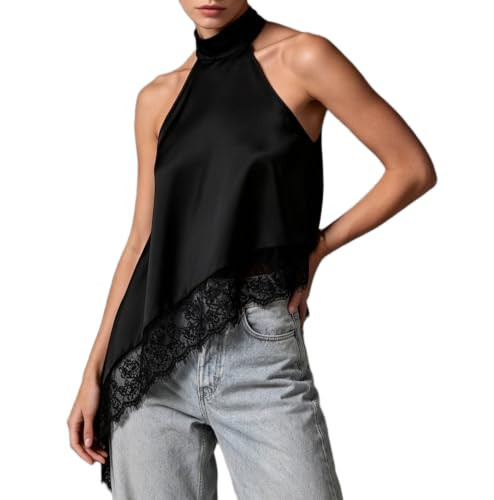 Womens Halter Satin Top Sleeveless Lace Asymmetric Hem Dressy Tank Blouse for Date Night, Black, S | Amazon (US)