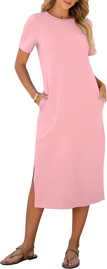 ANRABESS Womens Summer Casual Midi Dress Short Sleeve Crewneck T Shirt Long Dresses Split Stripe ... | Amazon (US)