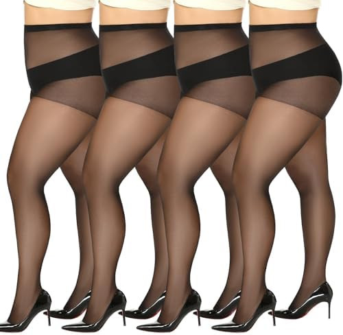 MANZI Women's Plus Size Pantyhose 4 Pairs Sheer Nylon Tights | Amazon (US)