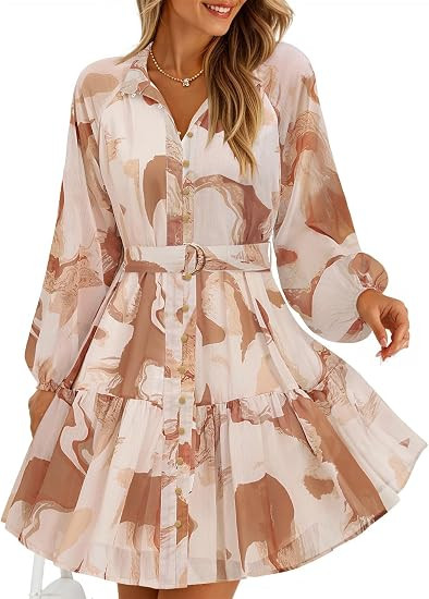 ZESICA Womens 2026 Fall Long Sleeve Floral Mini Dress | Button Down,Chiffon,Short Dress,A Line Sw... | Amazon (US)