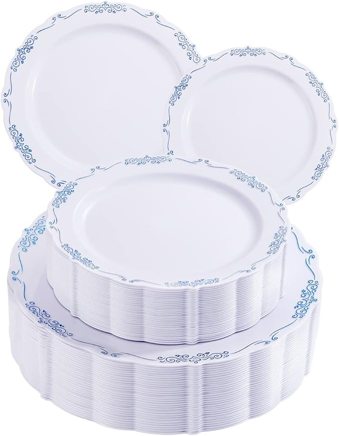 DaYammi 60PCS Blue and White Plastic Plates Blue Rim White Disposable Plates Blue White Party Pla... | Amazon (US)