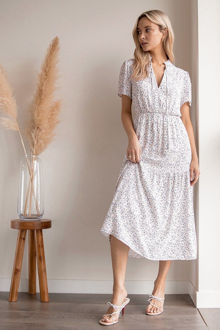 Flourish With Me White Floral Print Tiered Midi Dress | Lulus (US)