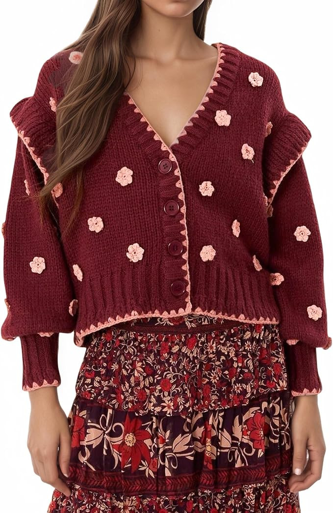 Womens Floral Cardigan Sweater Chunky Knit Drop Shoulder V Neck Button Down Embroidered Flower Ca... | Amazon (US)