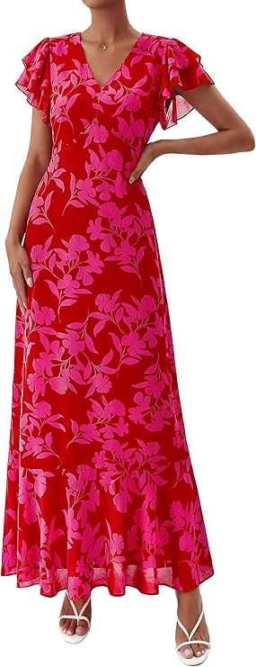 PRETTYGARDEN Wedding Guest Dresses for Women 2026 Spring Summer Short Sleeve Ruffle V Neck Floral... | Amazon (US)