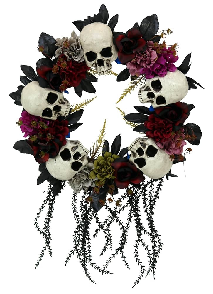 Haunted Hill Farm 24-In. Hanging Wreath with Skulls, Fall Flowers, and Vines, Front Porch Decor, ... | Amazon (US)