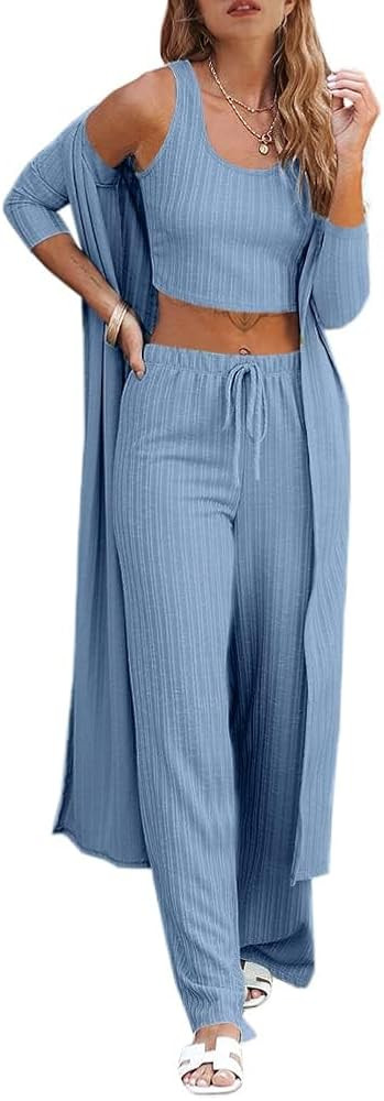 Fessceruna Womens 3 Piece Lounge Sets Pajamas Knit Long Sleeve Cardigan Crop Top Wide Leg Pants L... | Amazon (US)