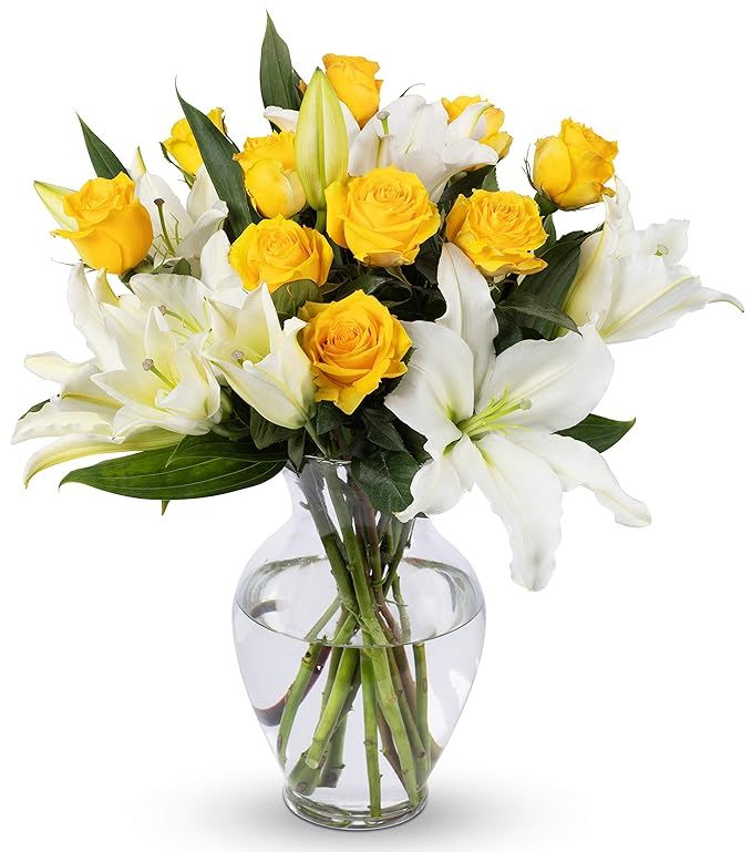 BENCHMARK BOUQUETS - Yellow Roses & Lilies (Glass Vase Included), Prime Next-Day Delivery, Gift M... | Amazon (US)