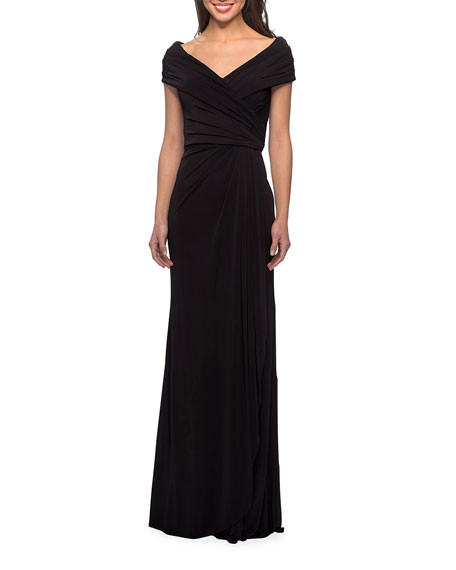 La Femme Short-Sleeve Ruched Jersey Gown Dress | Neiman Marcus