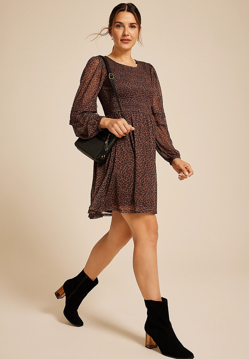 Leopard Print Mesh Smocked Mini Dress | Maurices