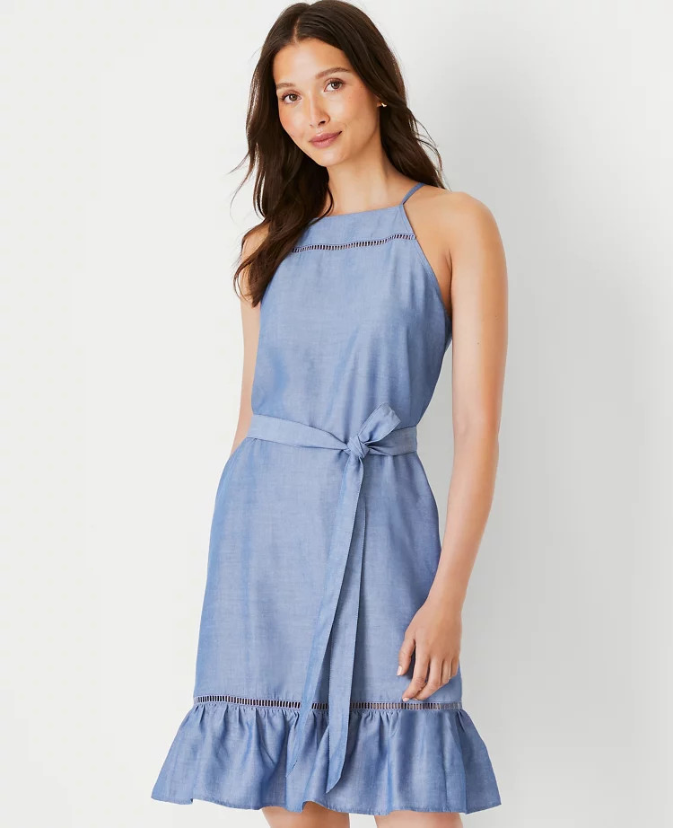 Chambray Halter Tie Waist Flare Dress | Ann Taylor (US)