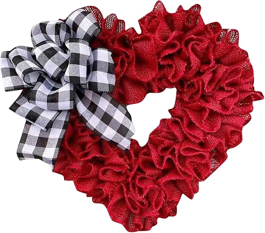 Valentines Day Wreaths for Front Door Outside 16" Heart Shaped Wreath with Buffalo Plaid Bows for... | Amazon (US)