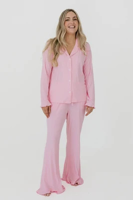 Mercer Pink Ribbed Women's Long Sleeve Ruffle Set | In My Jammers