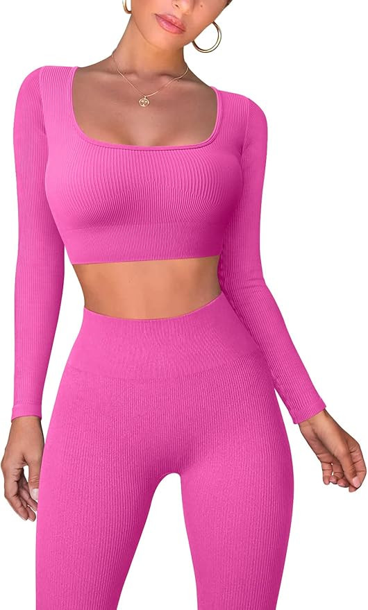 OQQ Workout Outfits for Women 2 Piece Ribbed Exercise Long Sleeve Tops High Waist Leggings Active... | Amazon (US)