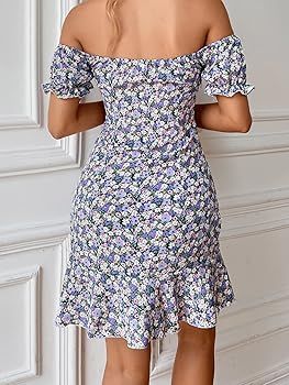 WDIRARA Women's Floral Print Off The Shoulder Puff Short Sleeve Ruffle Hem Boho Dress | Amazon (US)
